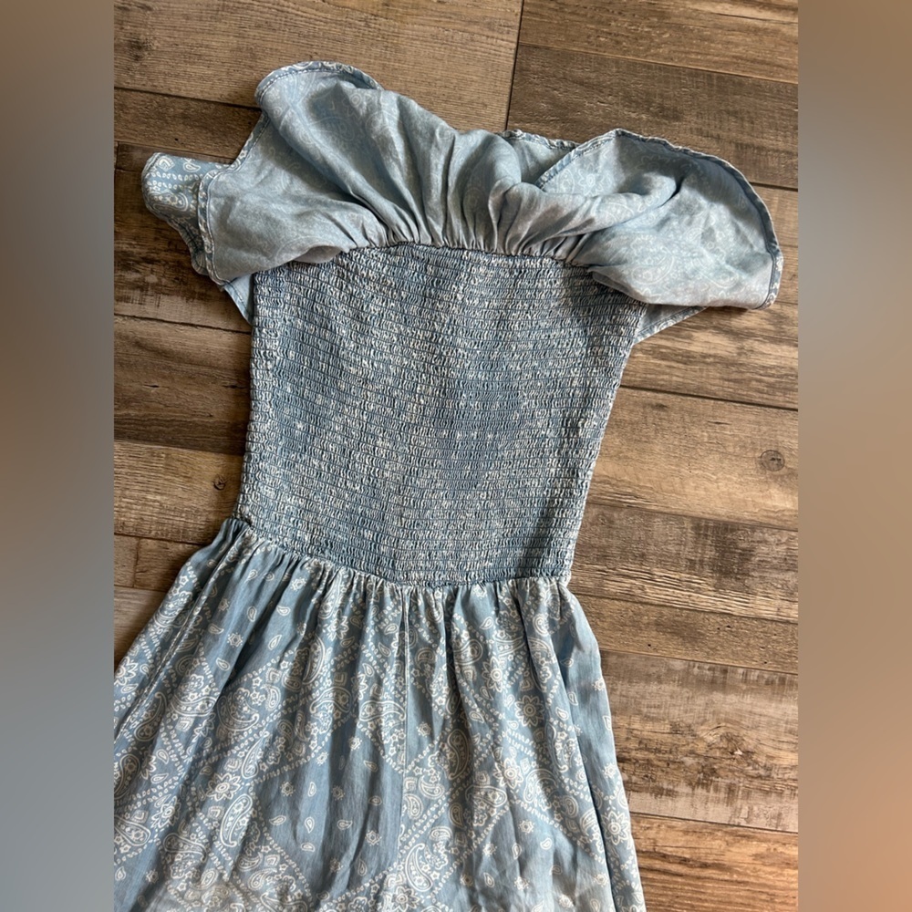 SCULLY bandana jumpsuit flare wide legs- light blue paisley ruffle strapless - Picture 6 of 9